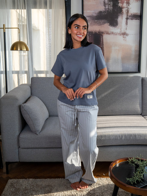 Women summer pajama set Dark Grey Tee + Light Grey X White Stripes Pants